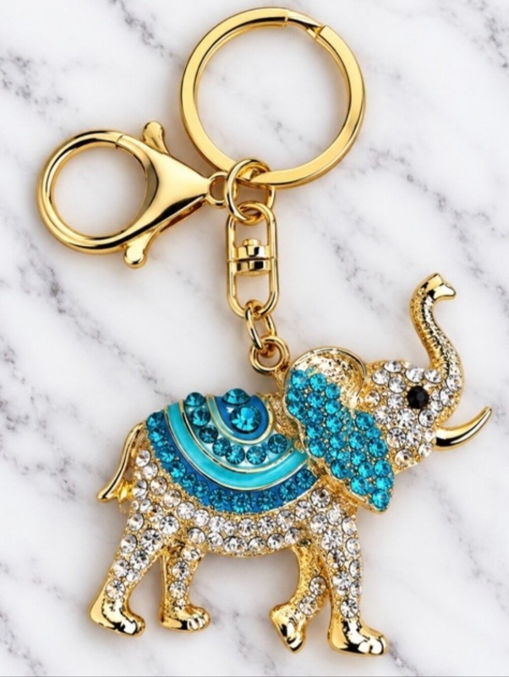 Bag Charm/Keyring-White/ Turquoise Rhinestone Lucky Elephant Charm-Gold Hardware